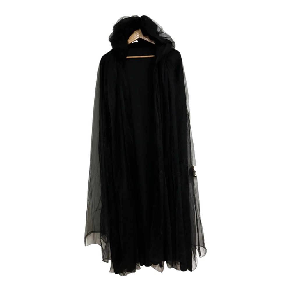 Black Hooded Cloak Sheer Mesh Overlay Cape One Size Longline Halloween Costume